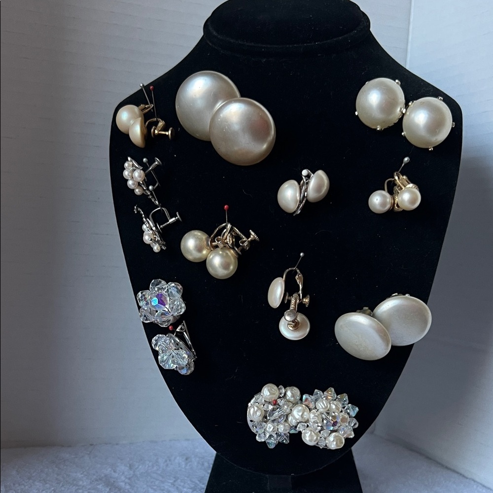Elegant Pearl and Crystal Clip-on Twist Earring Lot of 11